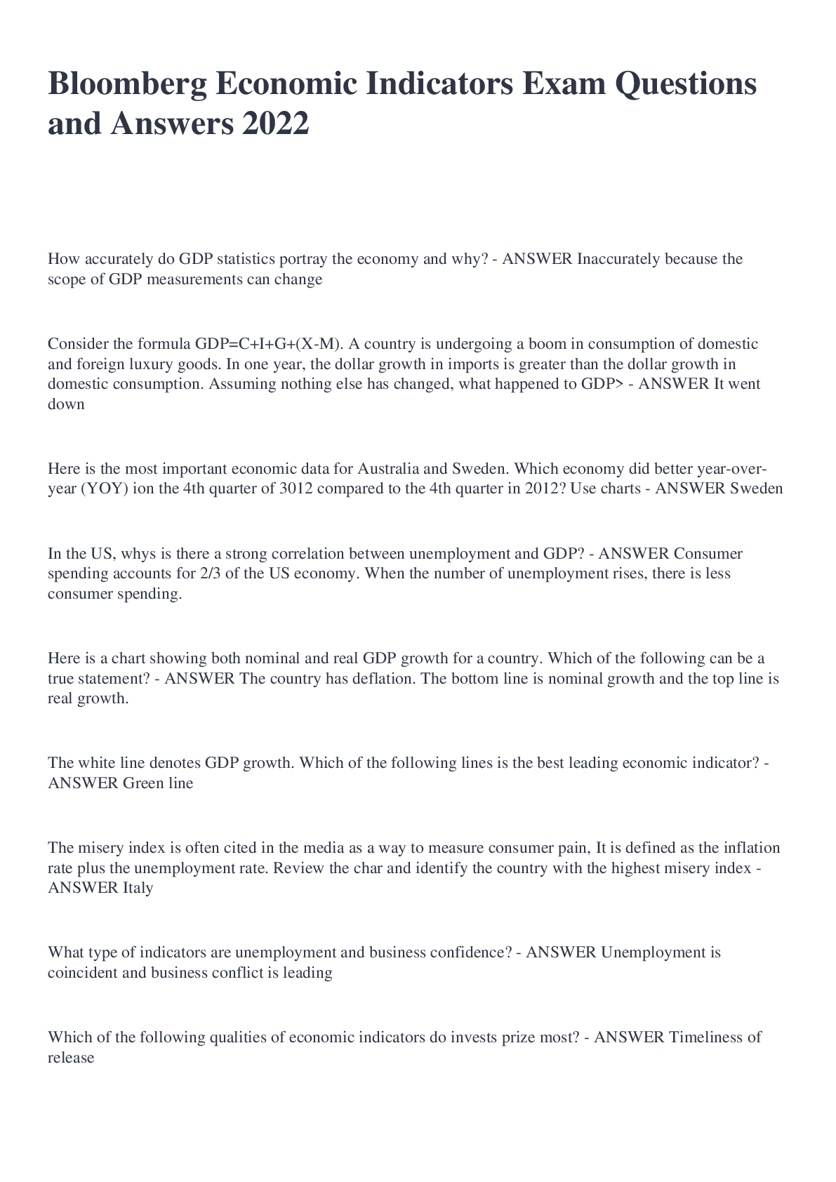 Preview of Bloomberg Economic Indicators Exam Questions and Answers 2022